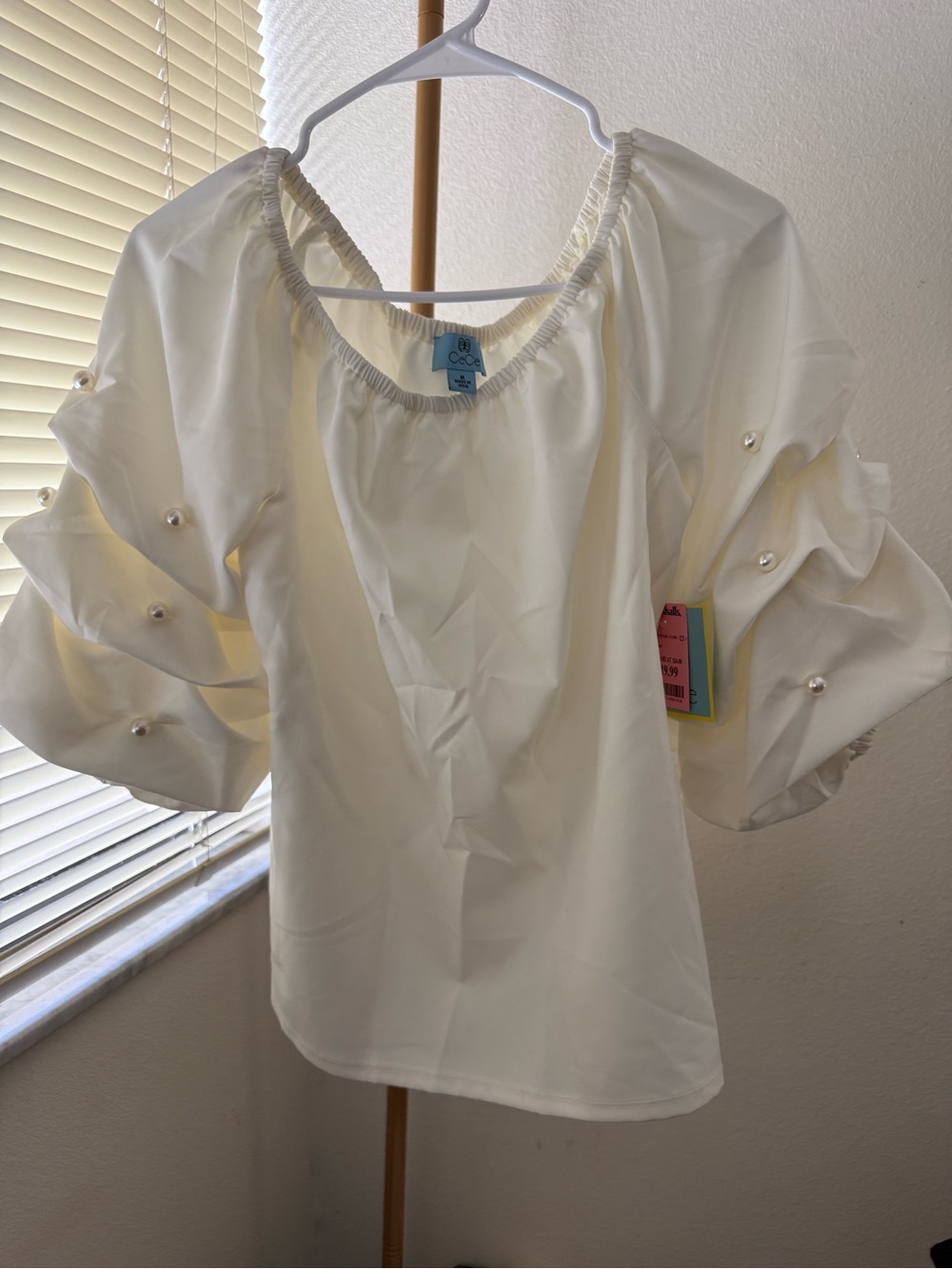 CeCe Cream Off-Shoulder Puff Sleeve Blouse with Pearl Accents
